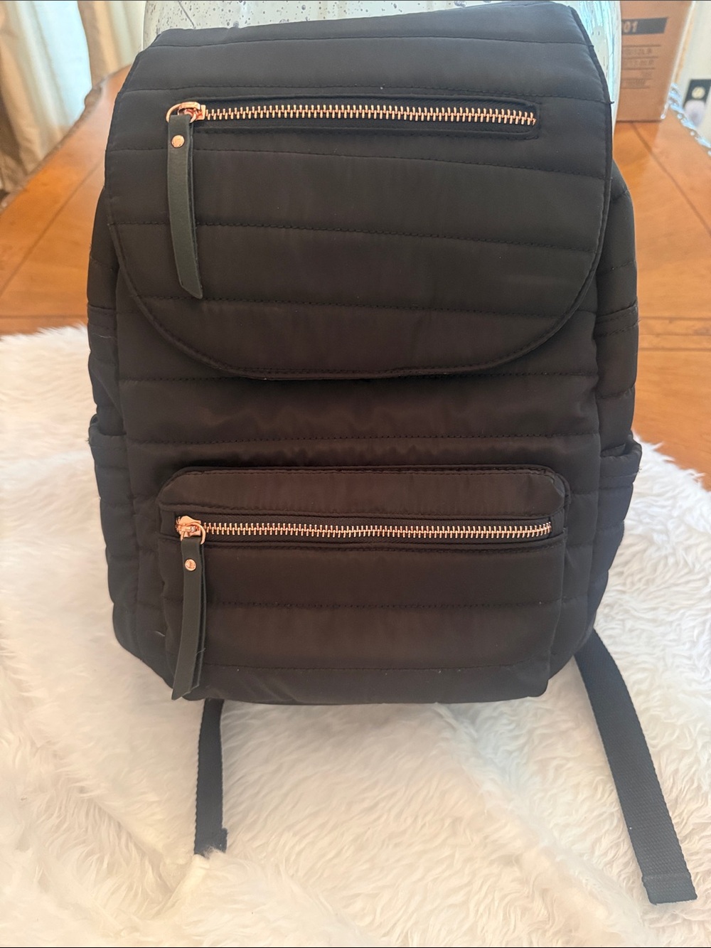 Quilted Black Nylon Backpack with Rose Gold Hardware